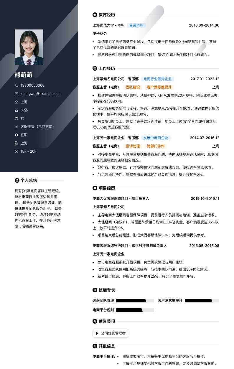 客服主管电商简历模板