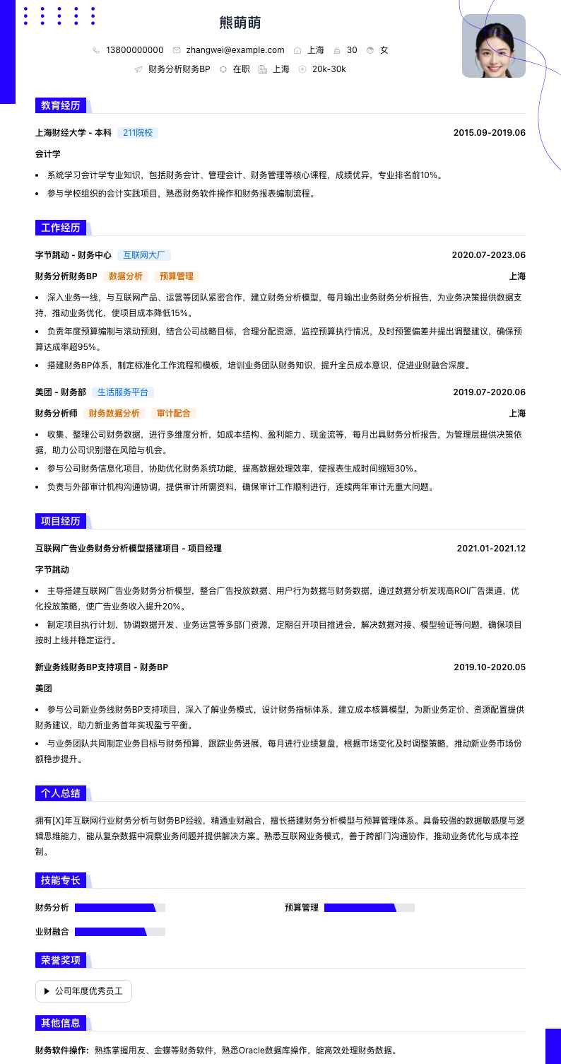 财务分析财务bp简历模板