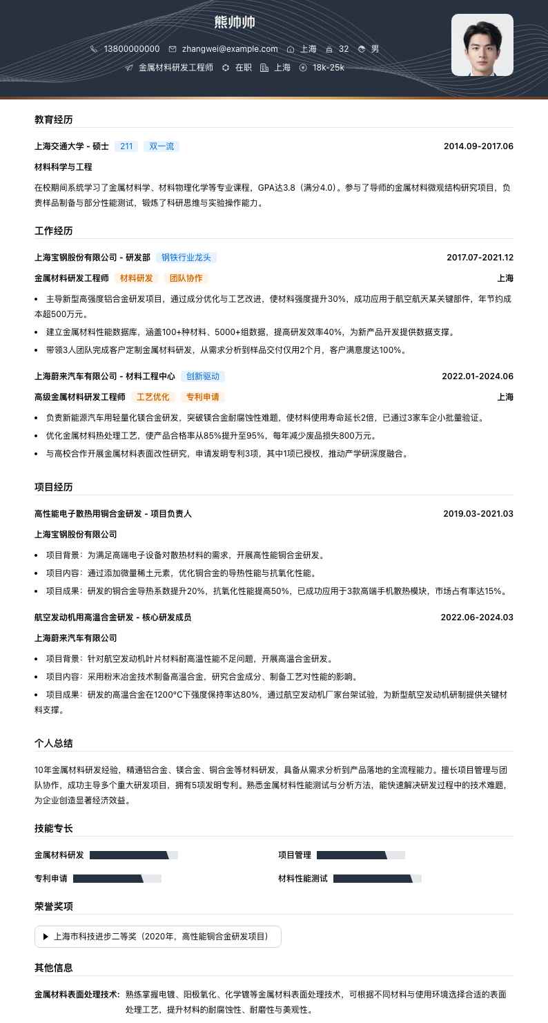 金属材料研发工程师简历模板