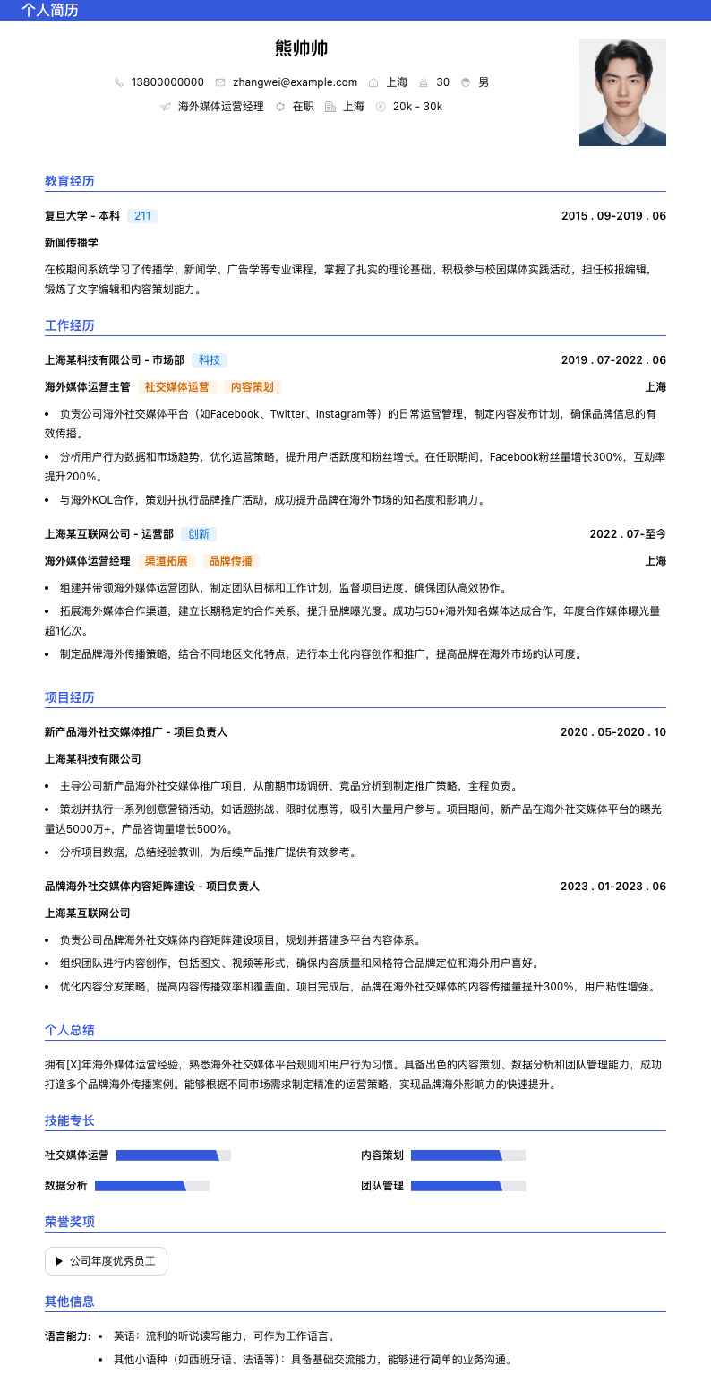 海外媒体运营经理简历模板
