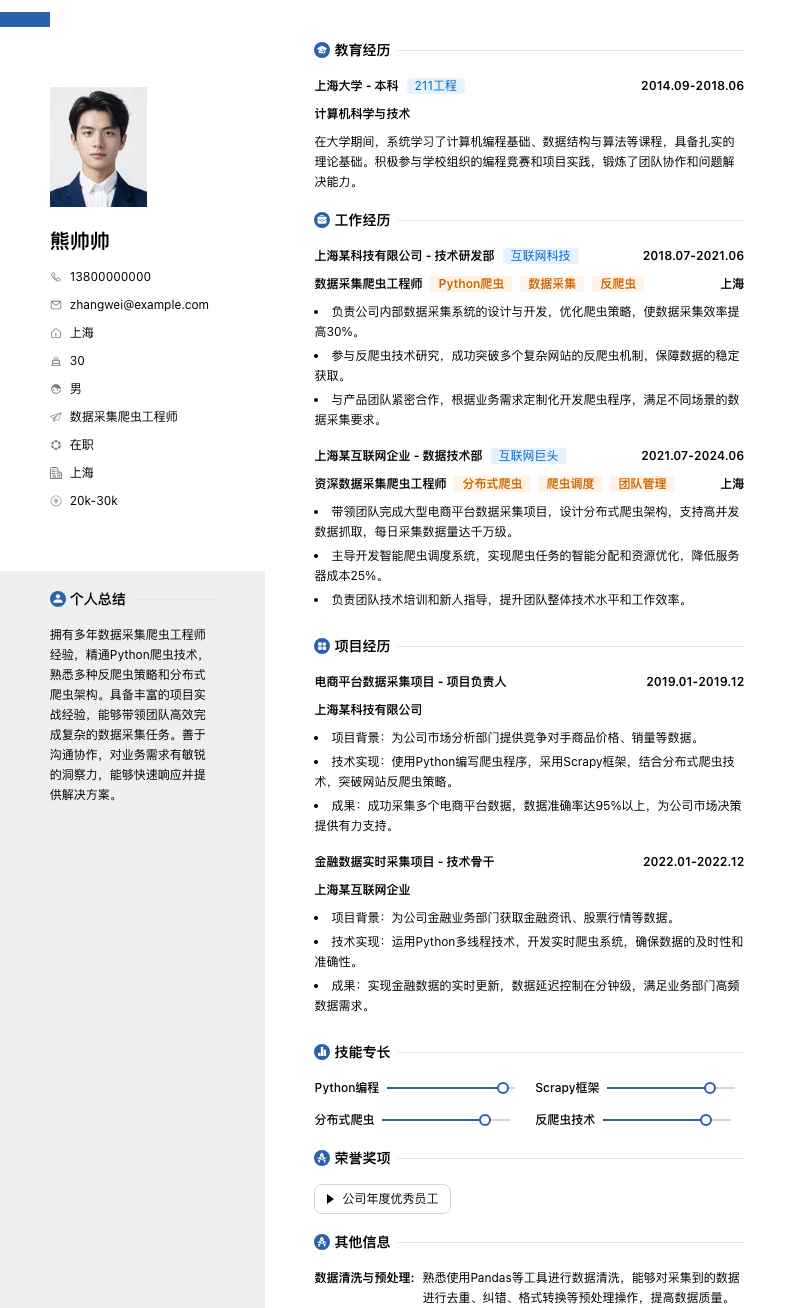 数据采集爬虫工程师简历模板