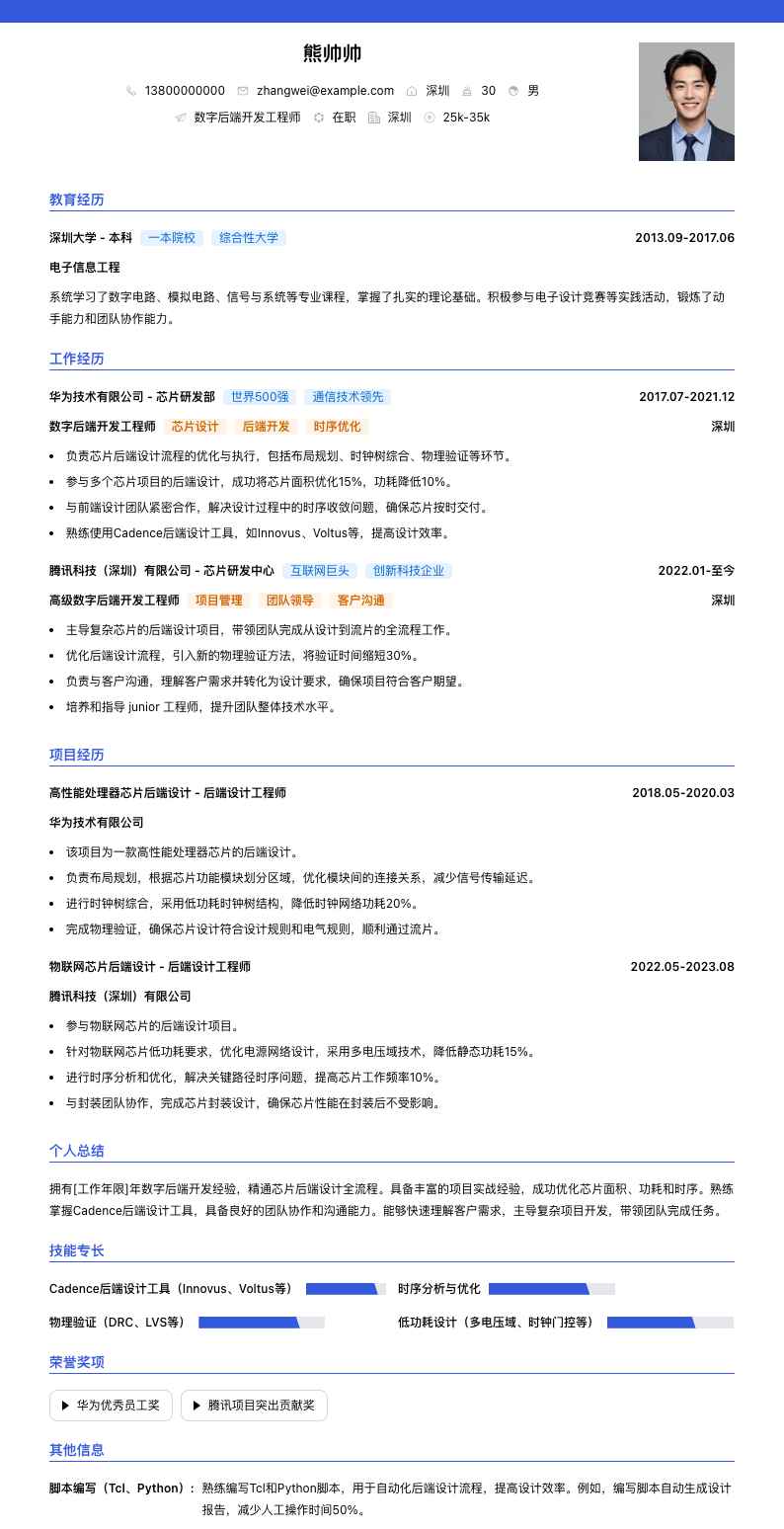 数字后端开发工程师简历模板