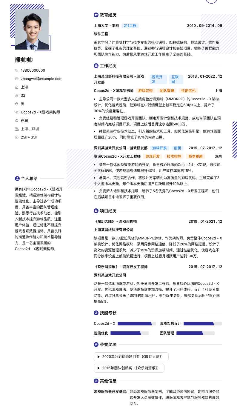 Cocos2d - X 游戏架构师简历模板