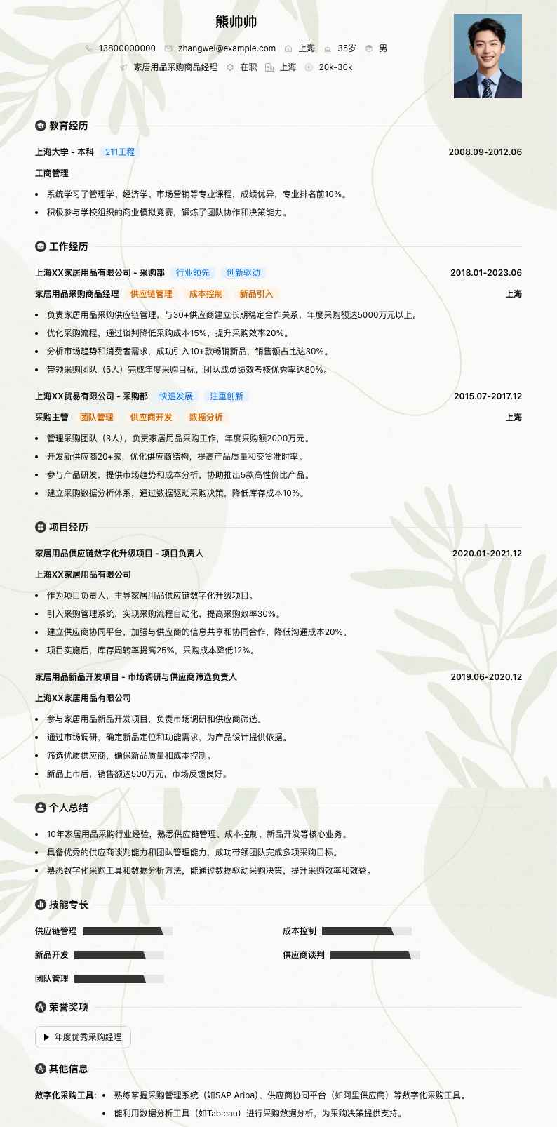 家居用品采购商品经理简历模板