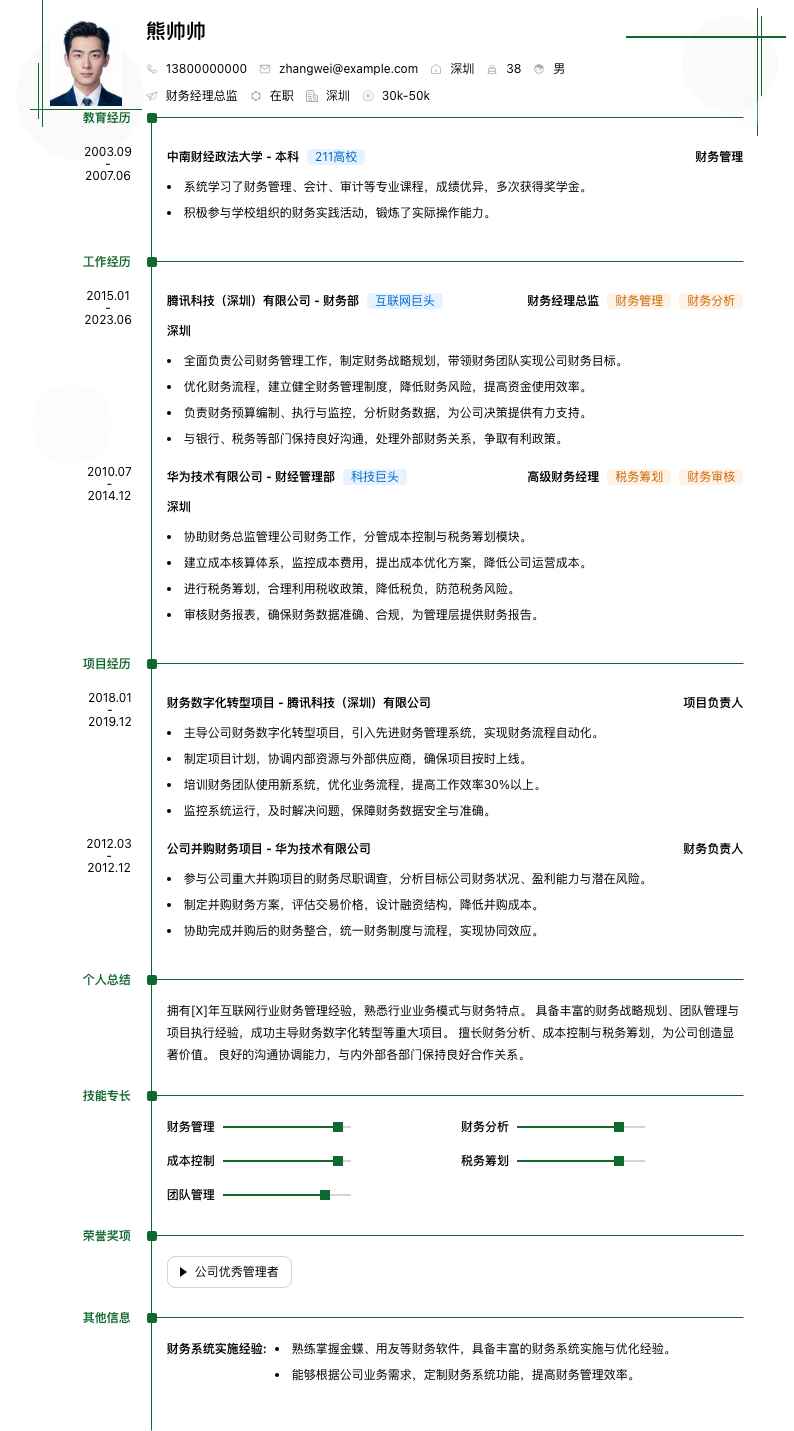 财务经理总监简历模板
