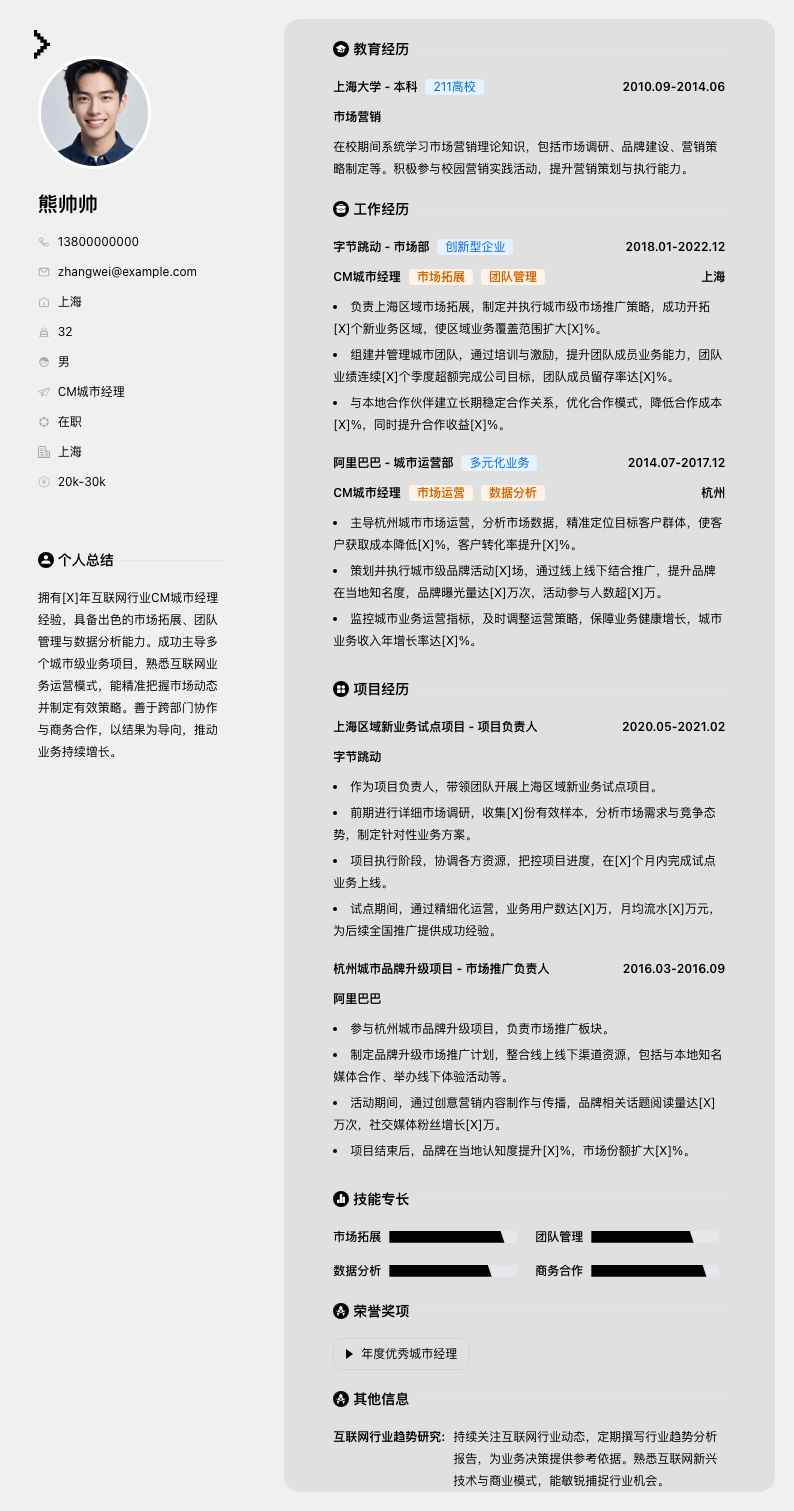 cm城市经理简历模板