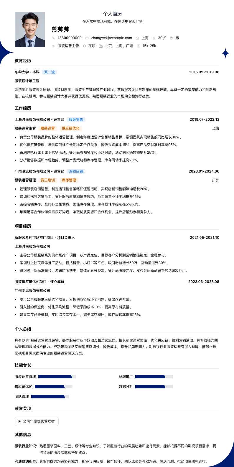 服装运营主管简历模板
