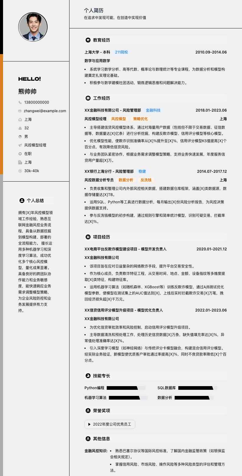 风控模型经理简历模板
