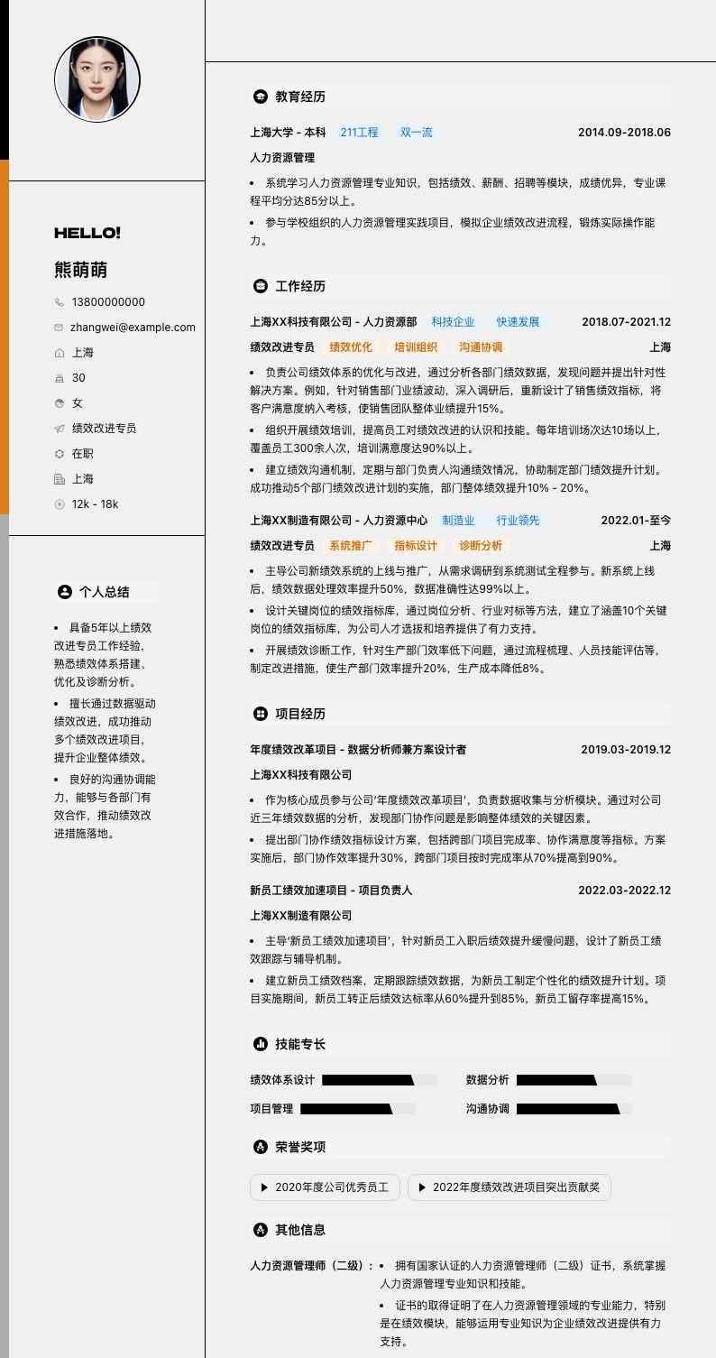 绩效改进专员简历模板