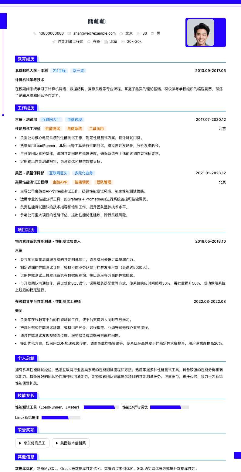 性能测试工程师简历模板