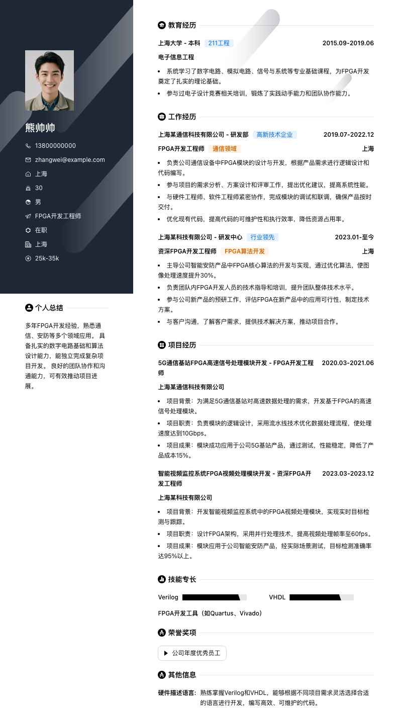 fpga开发工程师简历模板