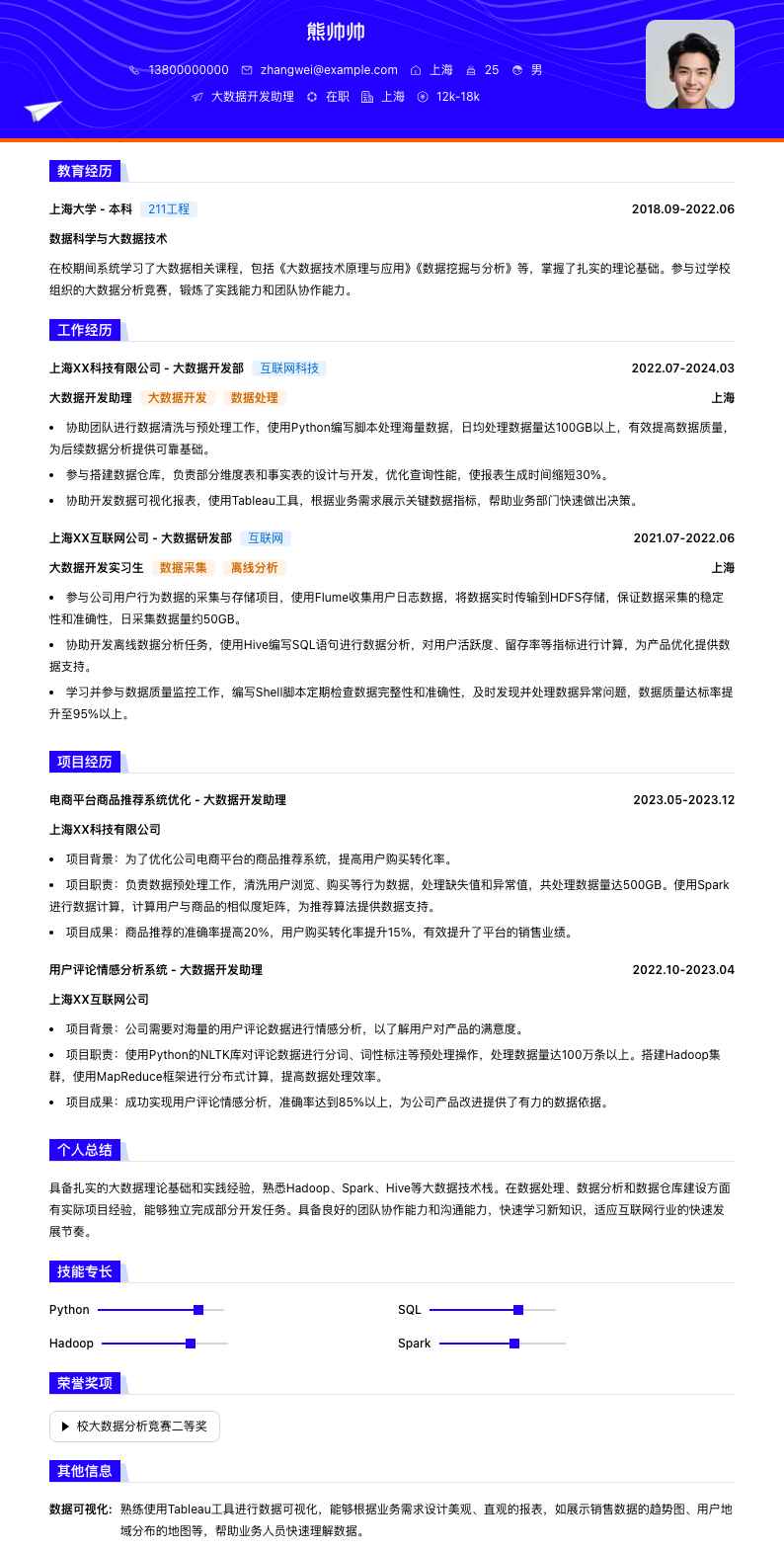 大数据开发助理简历模板