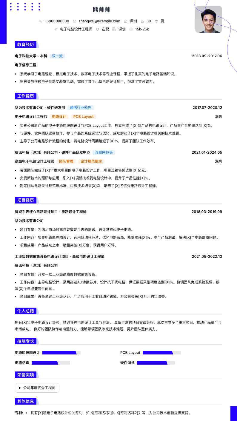 电子电路设计工程师简历模板
