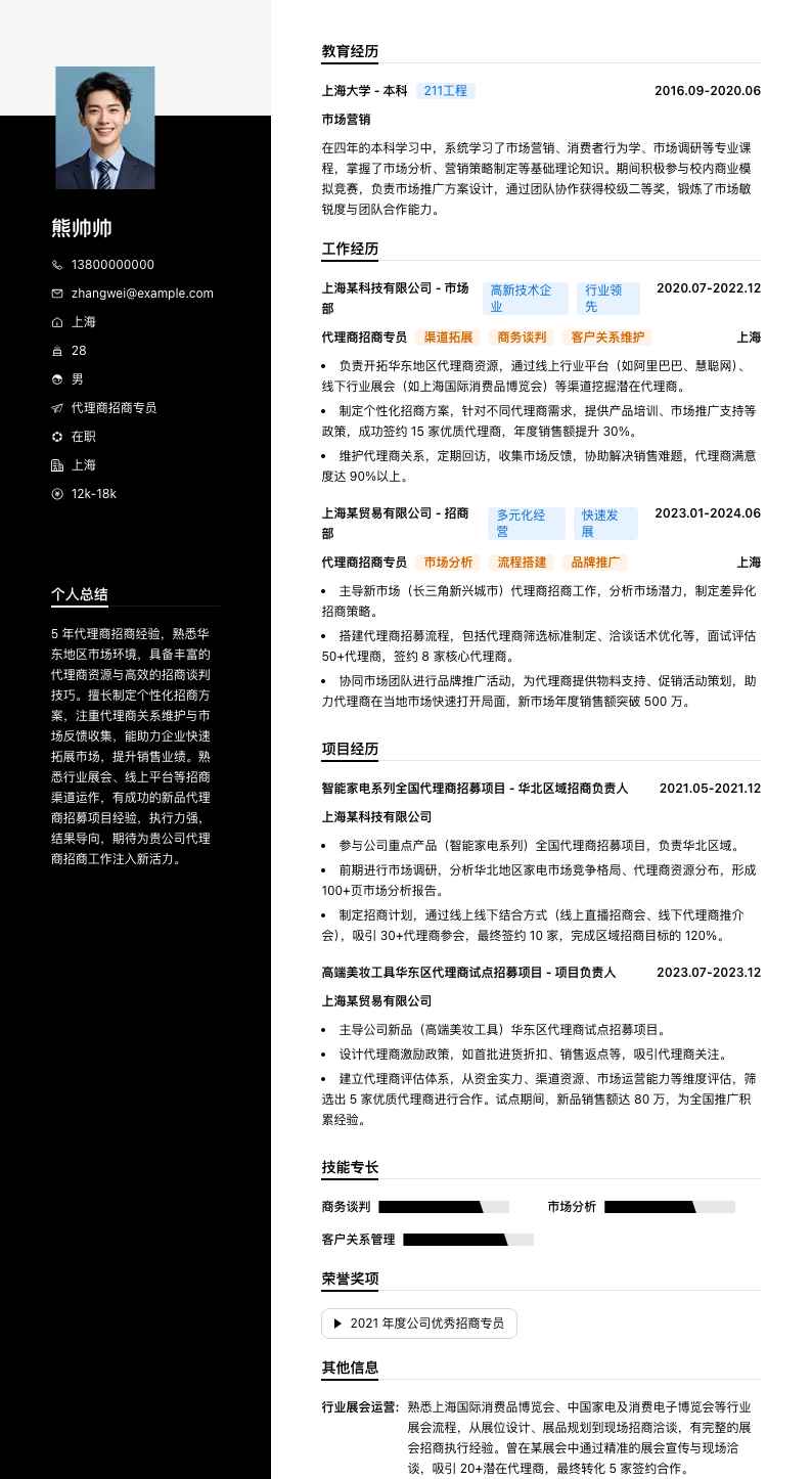 代理商招商专员简历模板
