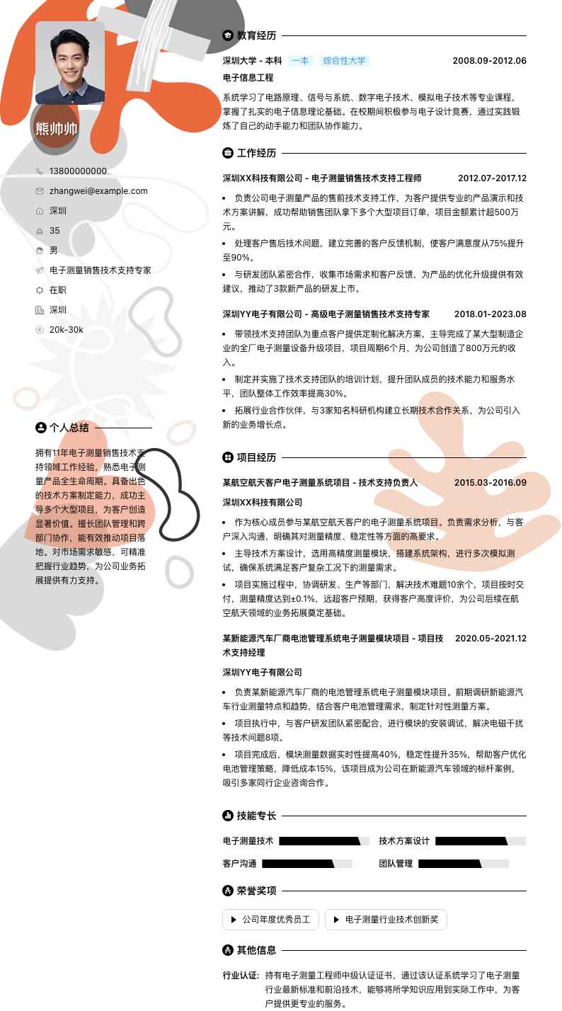 电子测量销售技术支持专家简历模板