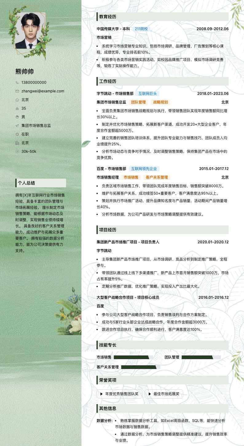 集团市场销售总监简历模板