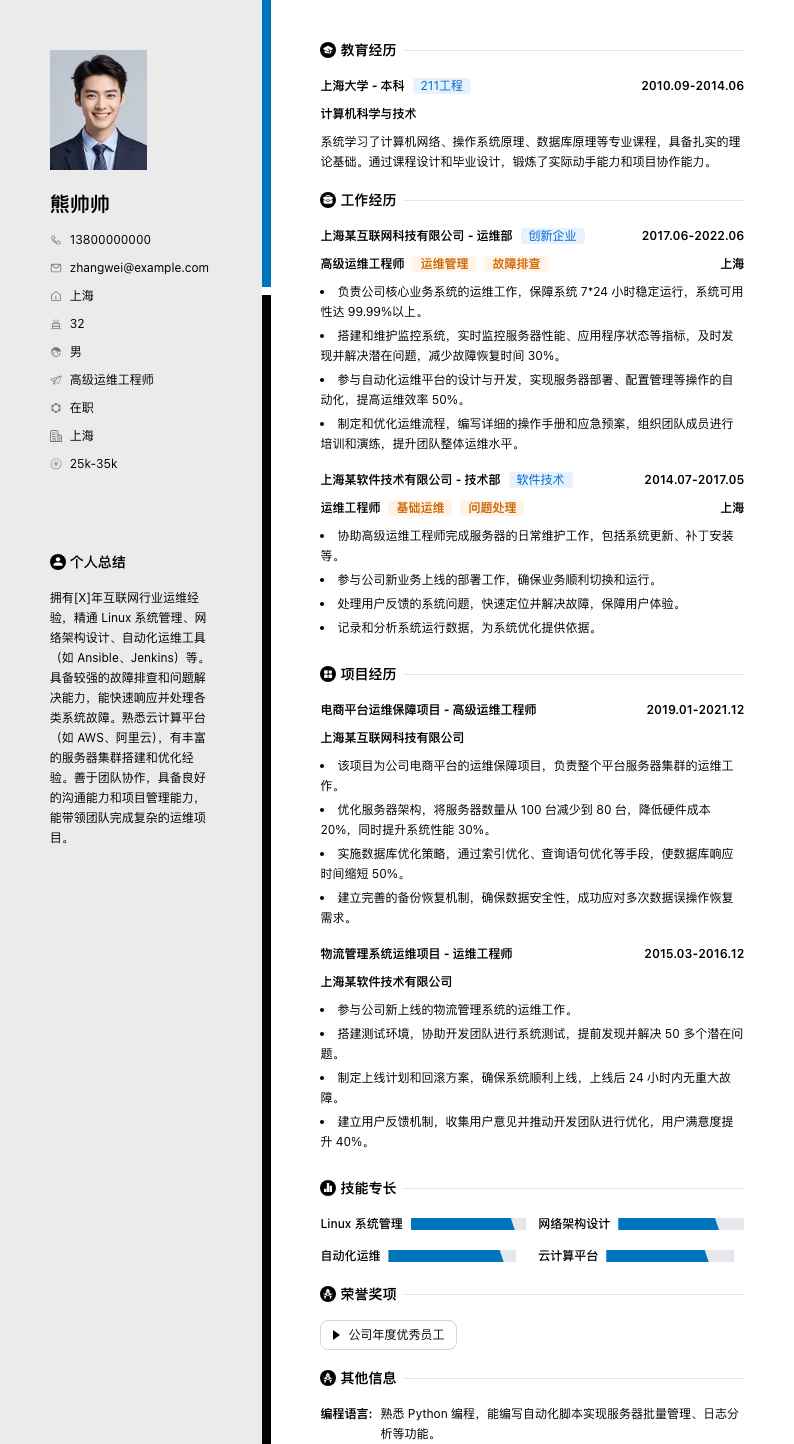 高级运维工程师简历模板