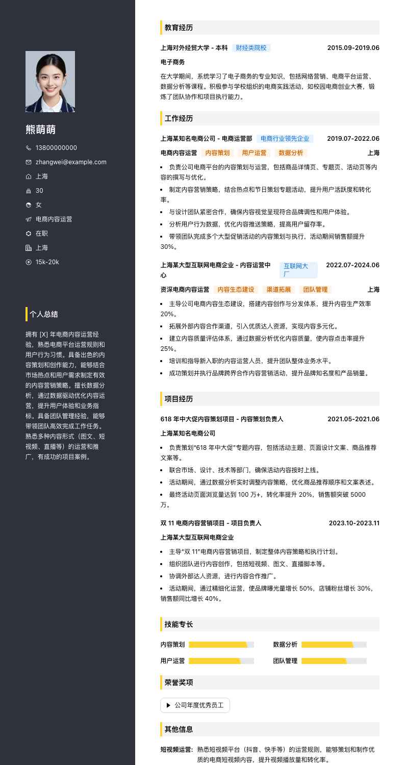 电商内容运营简历模板