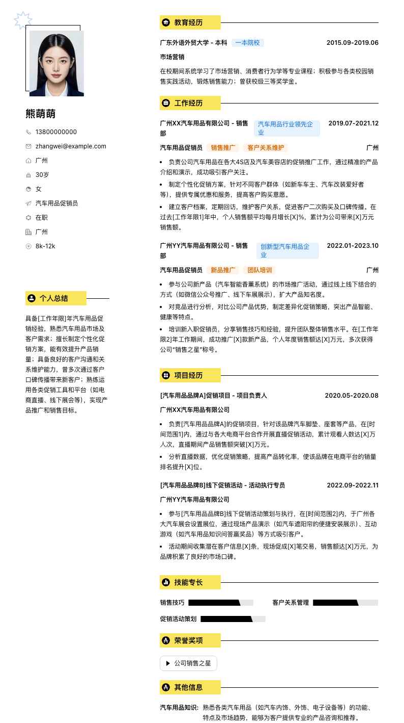 汽车用品促销员简历模板