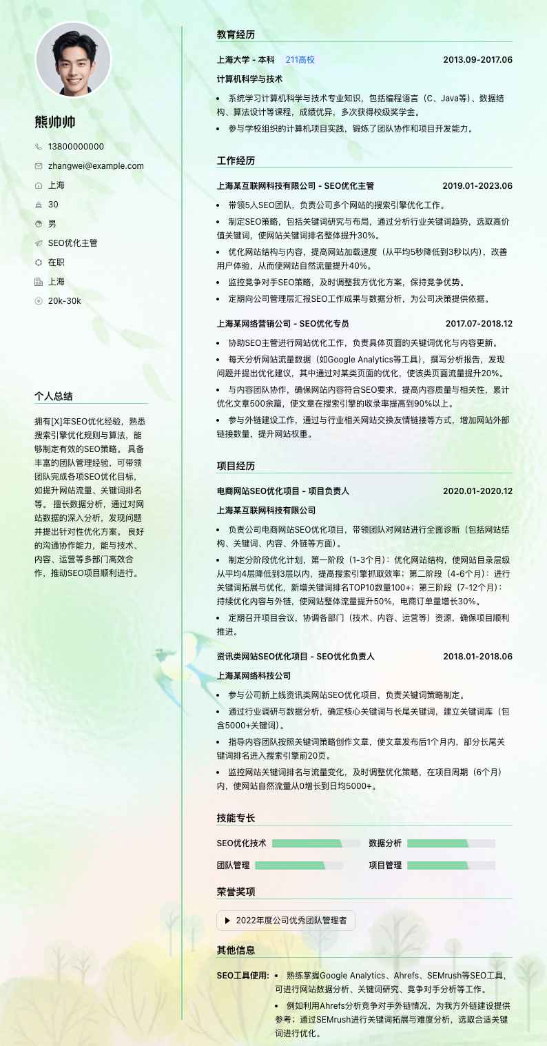 seo优化主管简历模板