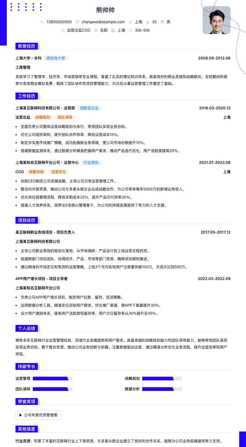 运营总监coo简历模板