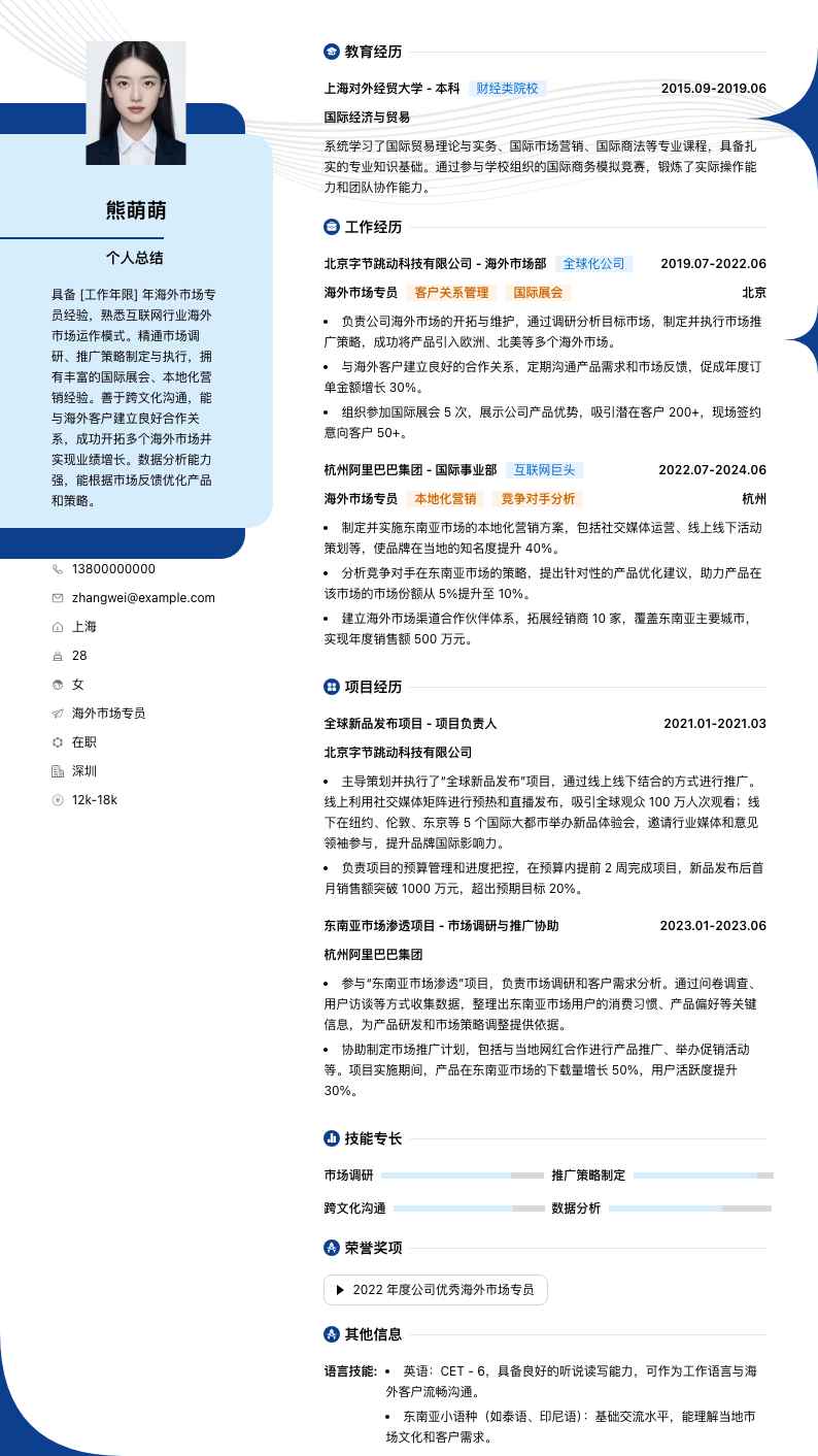 海外市场专员简历模板