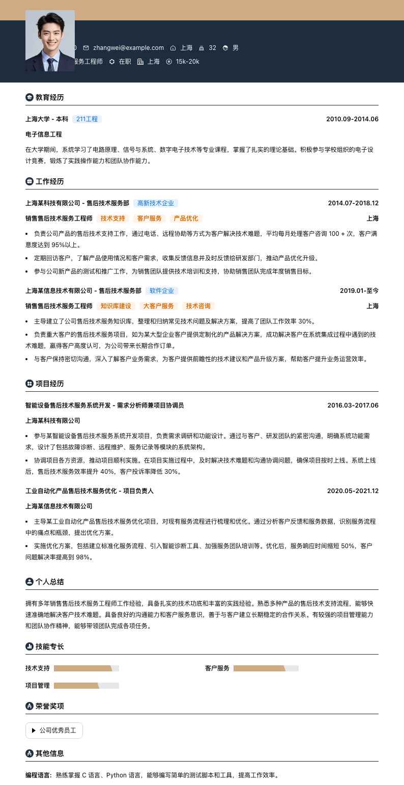 销售售后技术服务工程师简历模板