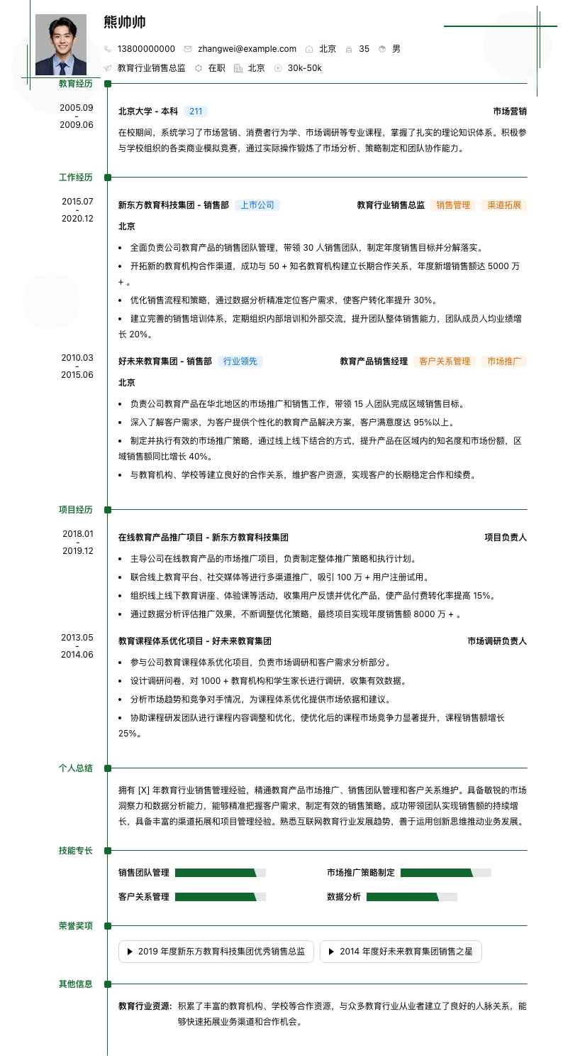 教育行业销售总监简历模板