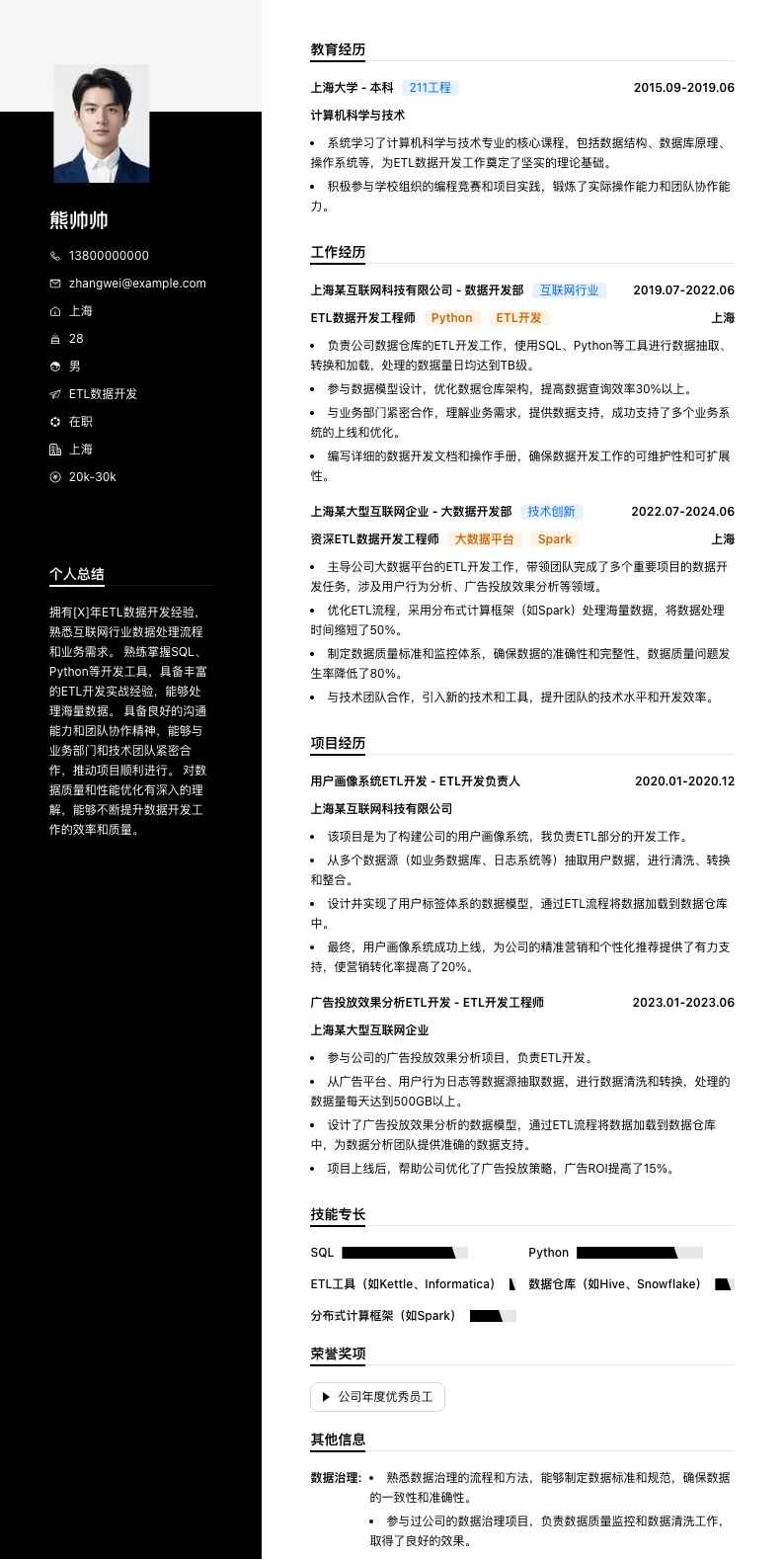 etl数据开发简历模板