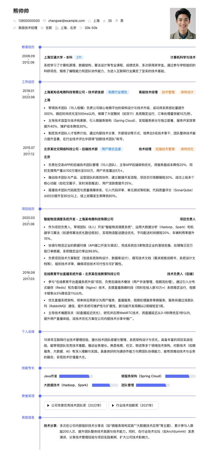 高级技术经理简历模板