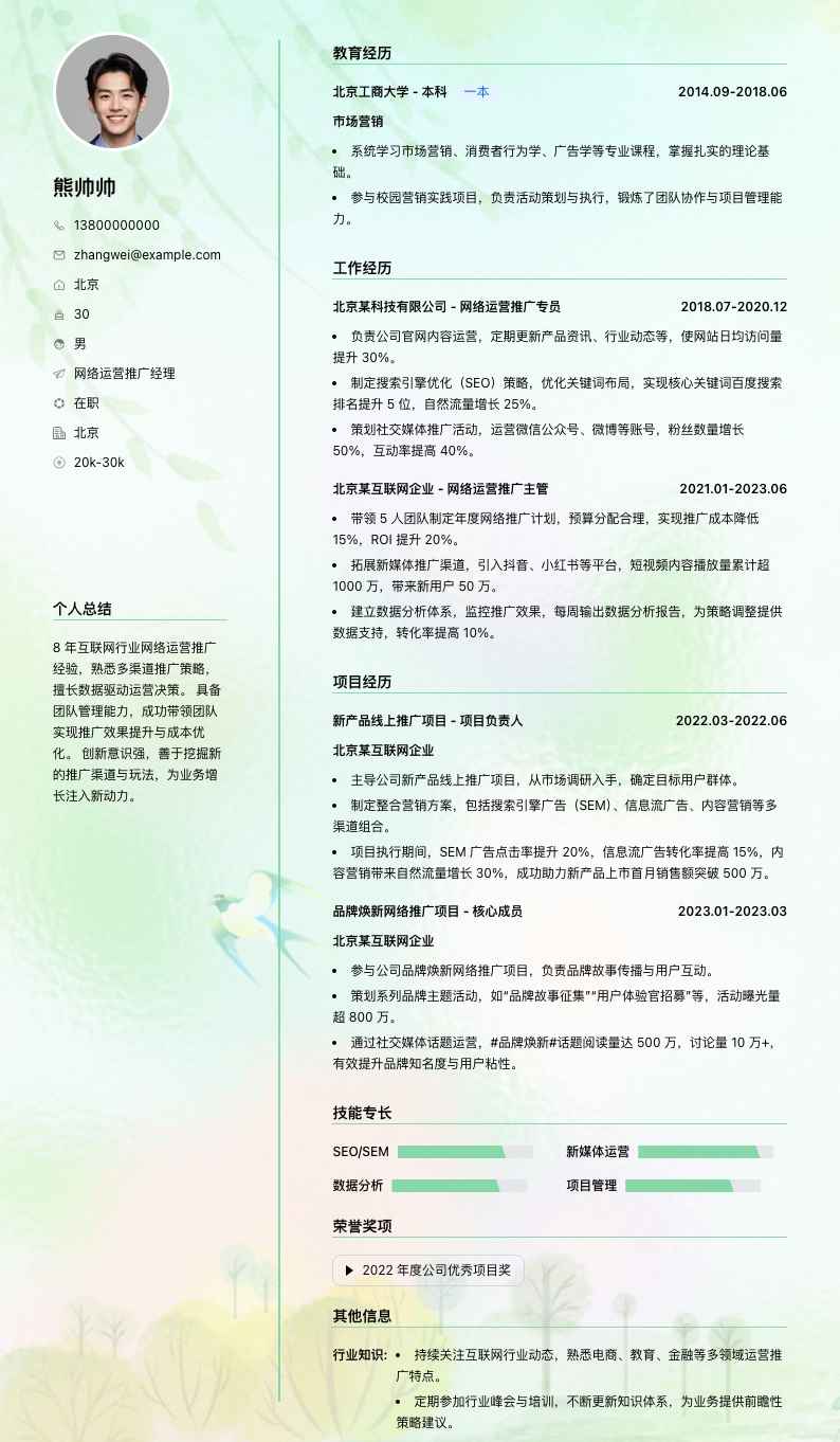 网络运营推广经理简历模板