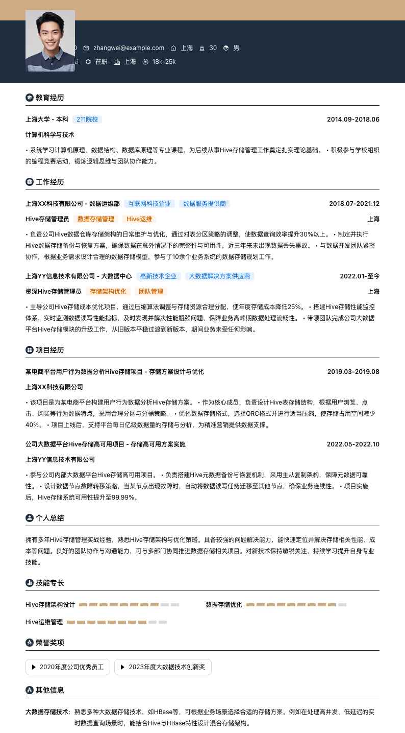 Hive存储管理员简历模板