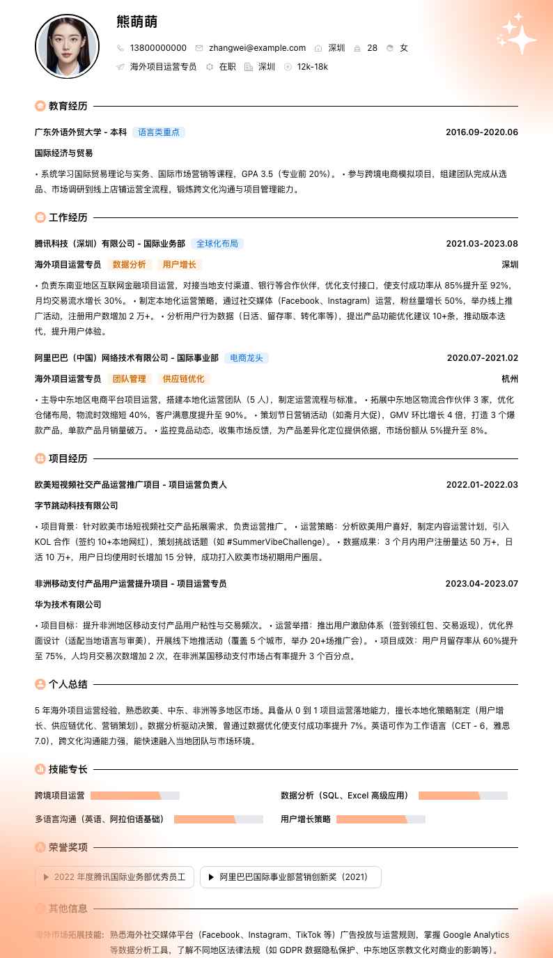 海外项目运营专员简历模板
