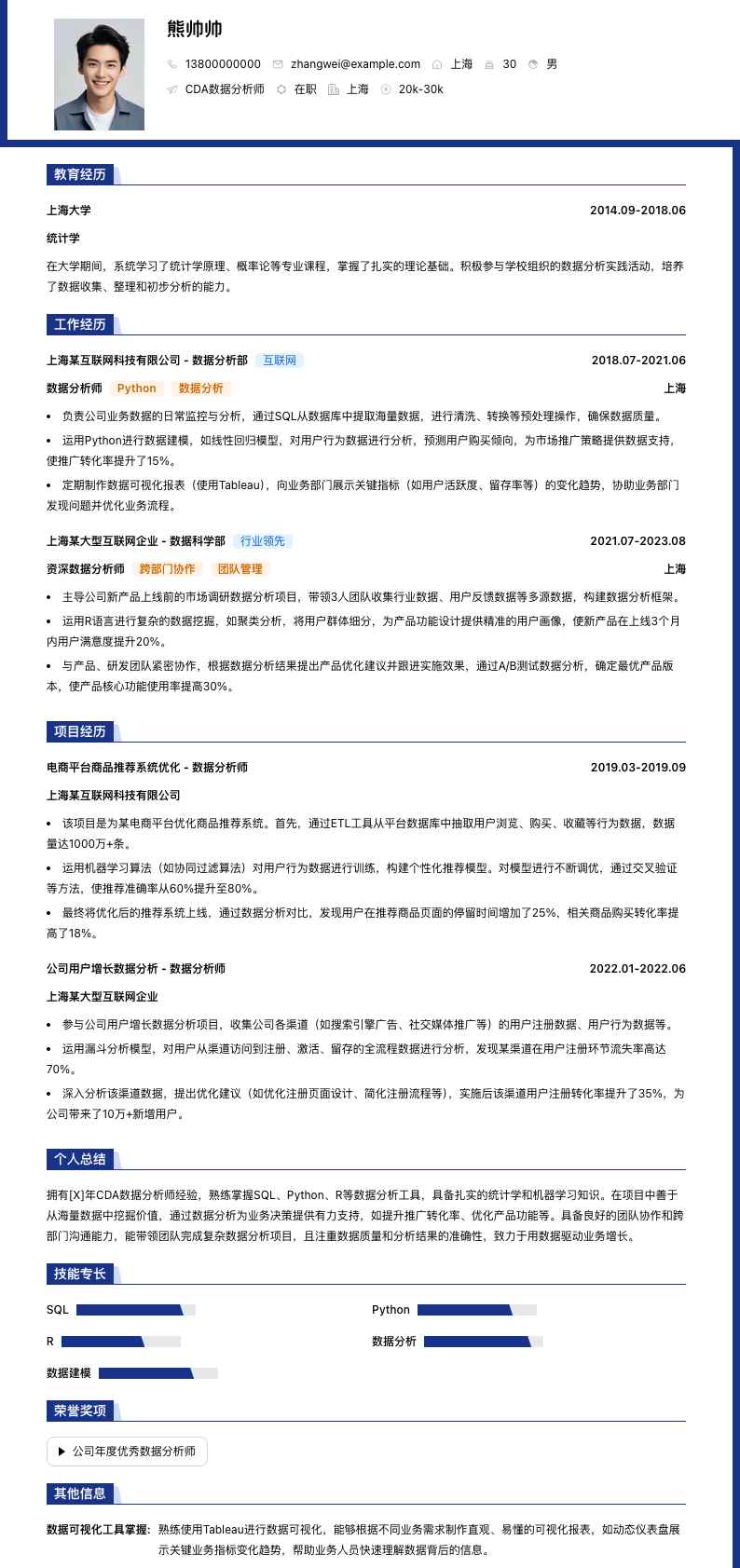 cda数据分析师简历模板