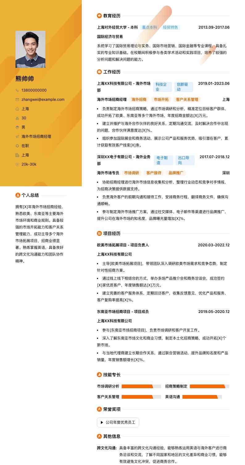 海外市场招商经理简历模板