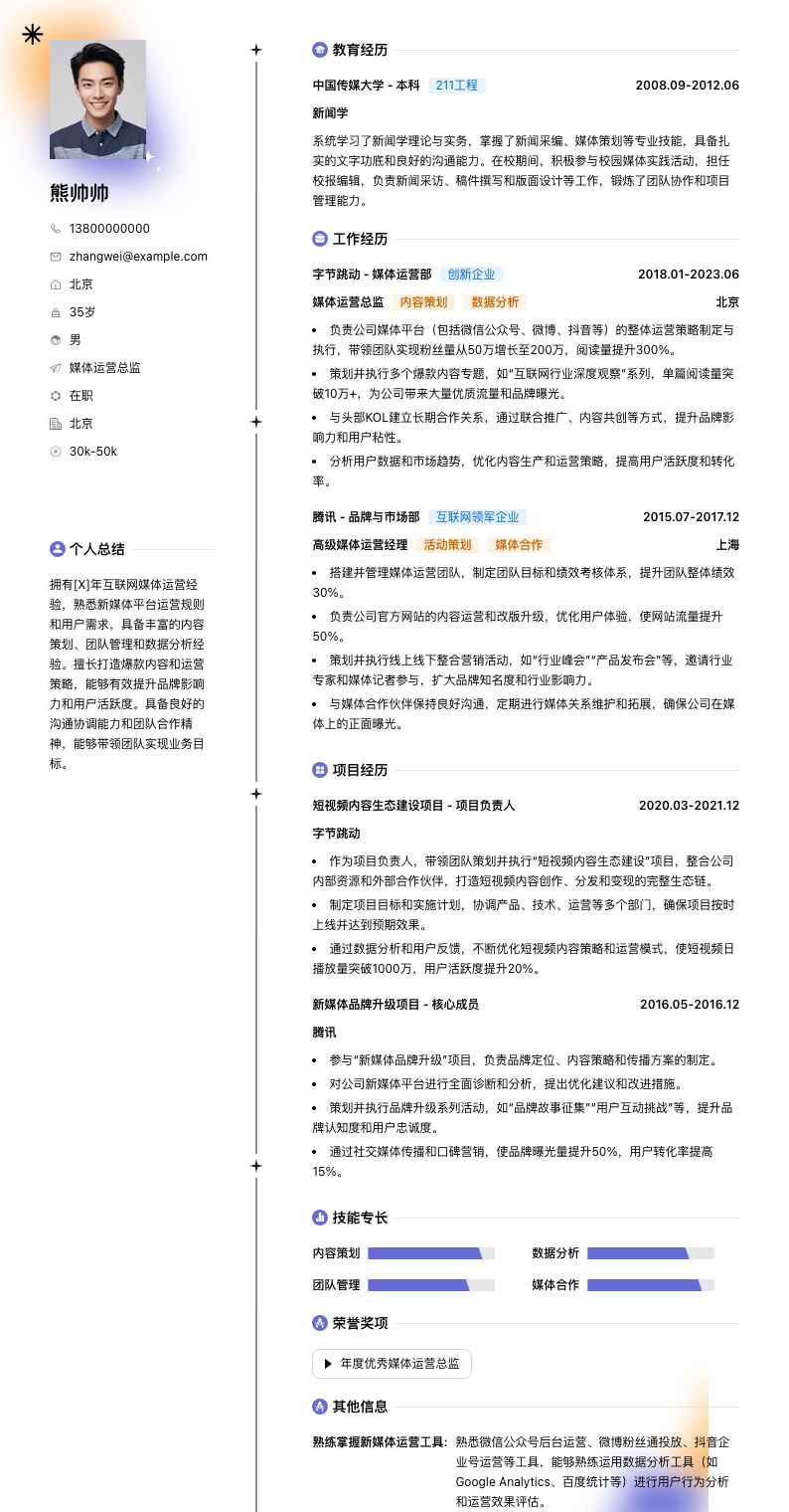 媒体运营总监简历模板