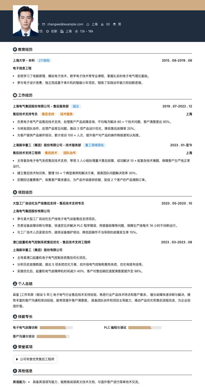 售后技术支持专员简历模板