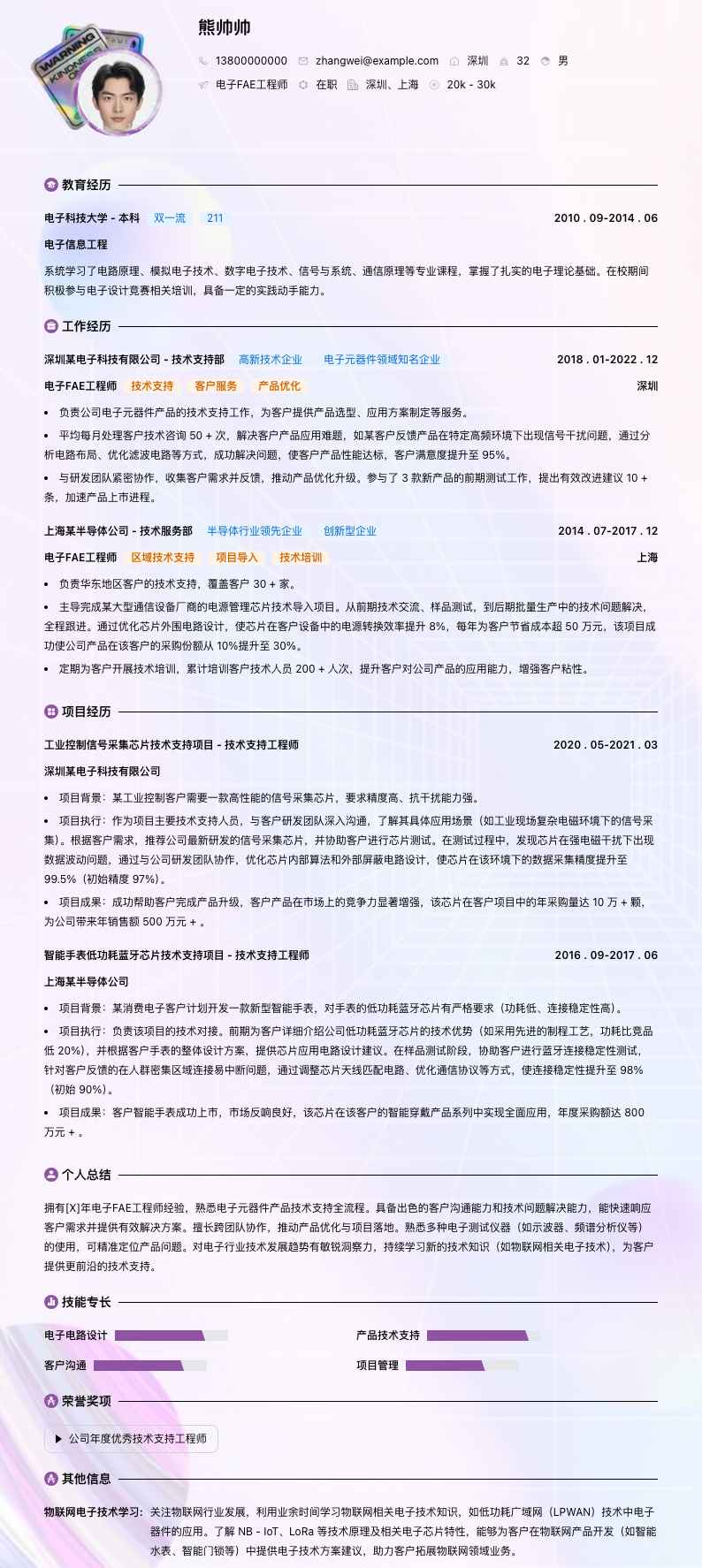 电子FAE工程师简历模板