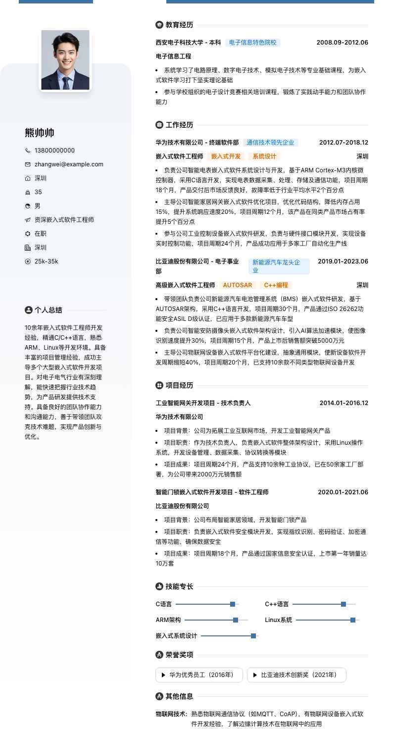 资深嵌入式软件工程师简历模板