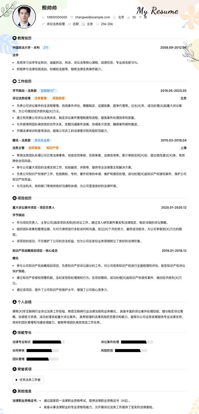 诉讼法务经理简历模板