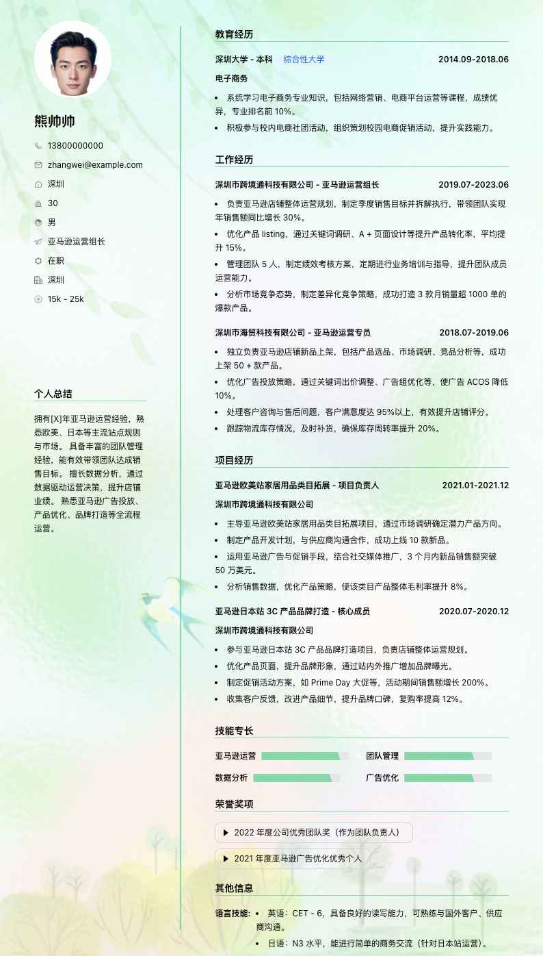 亚马逊运营组长简历模板
