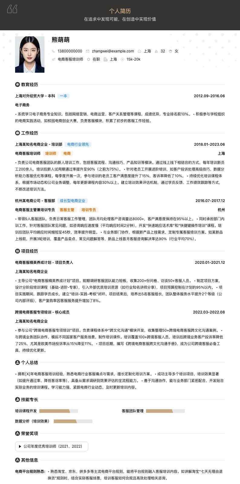 电商客服培训师简历模板