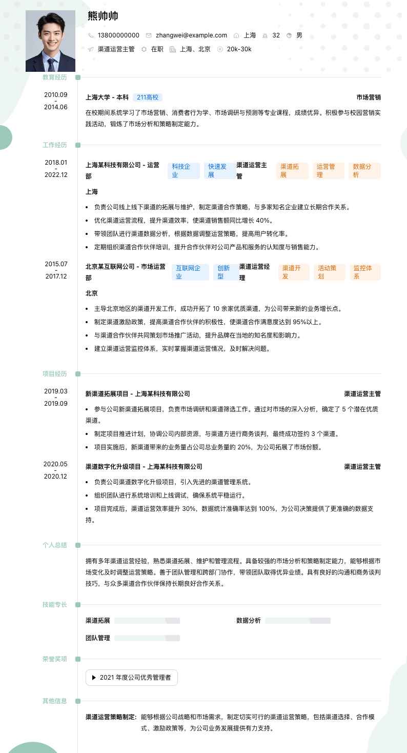 渠道运营主管简历模板