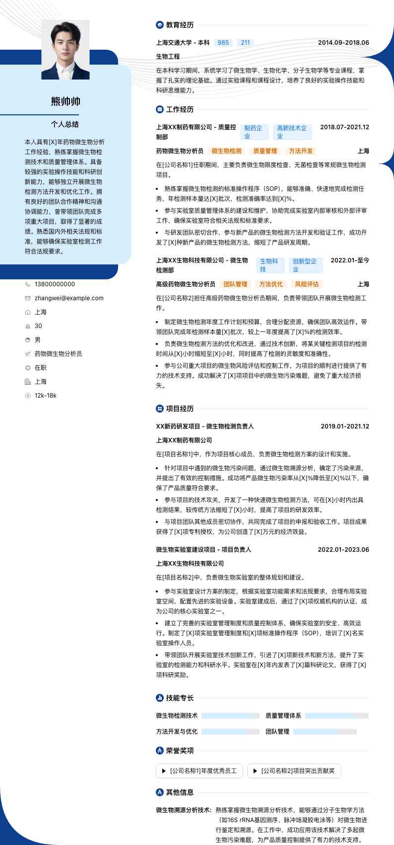 药物微生物分析员简历模板