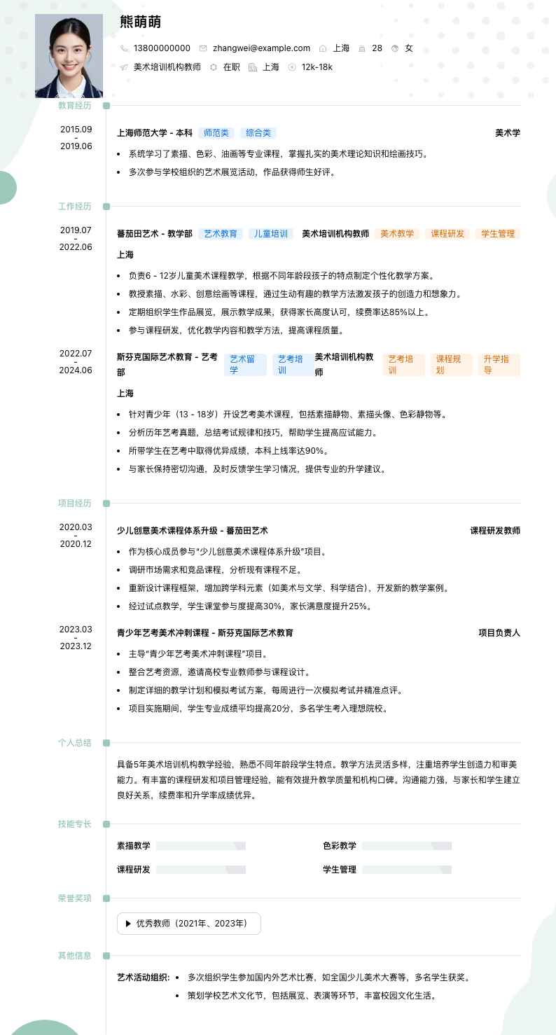美术培训机构教师简历模板