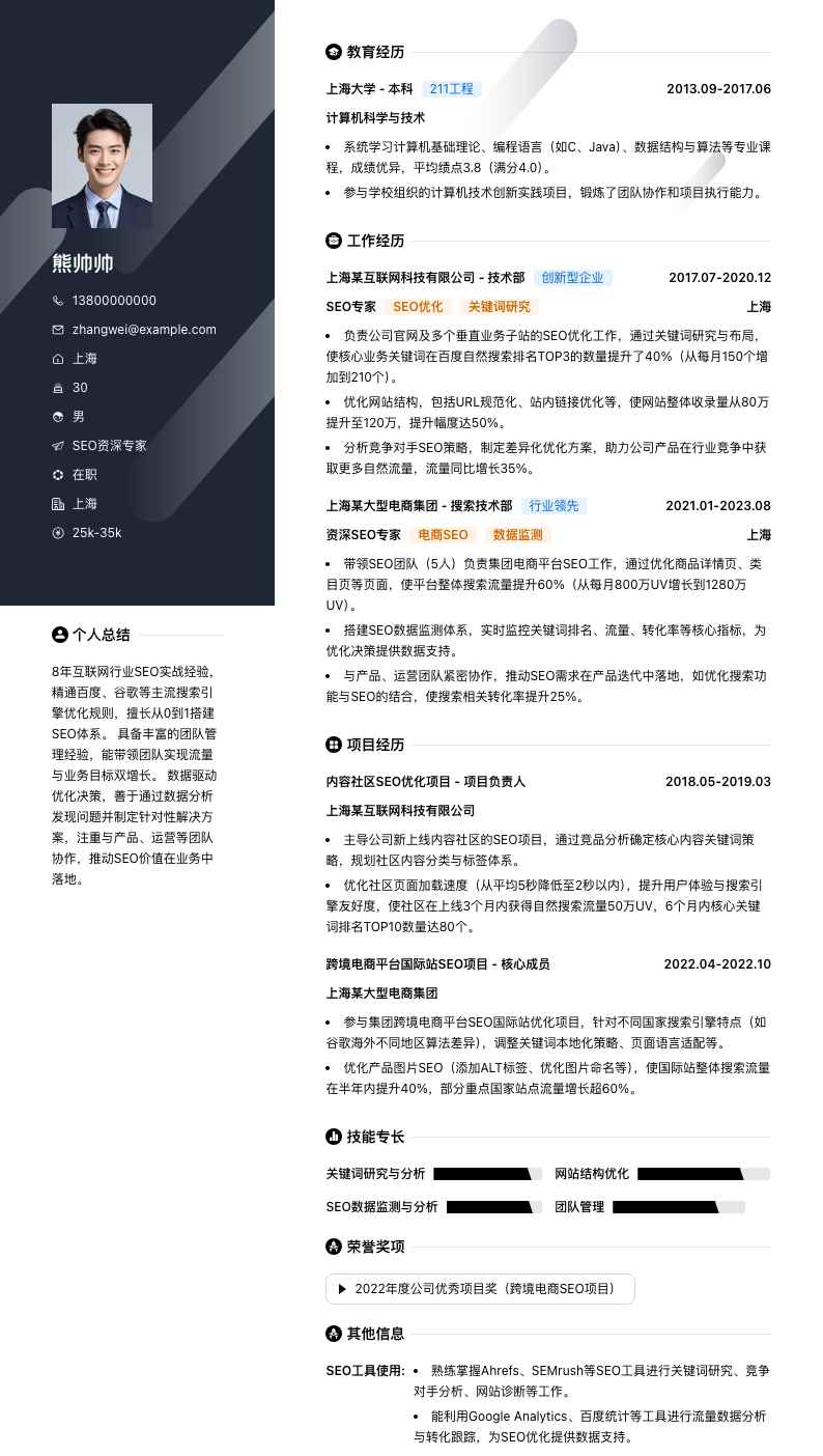 seo资深专家简历模板