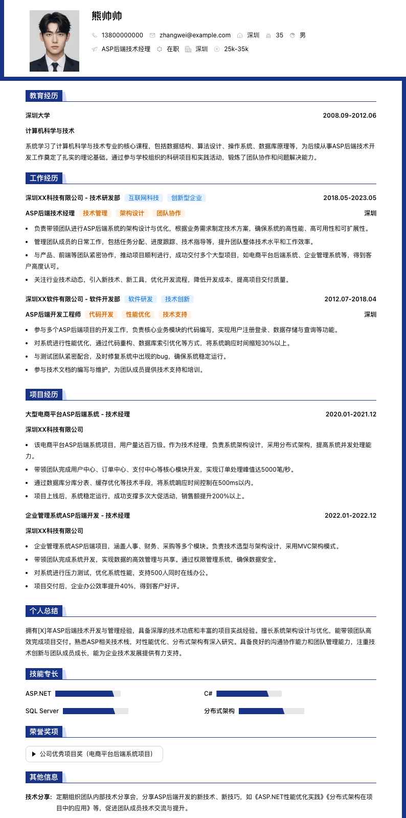 ASP后端技术经理简历模板