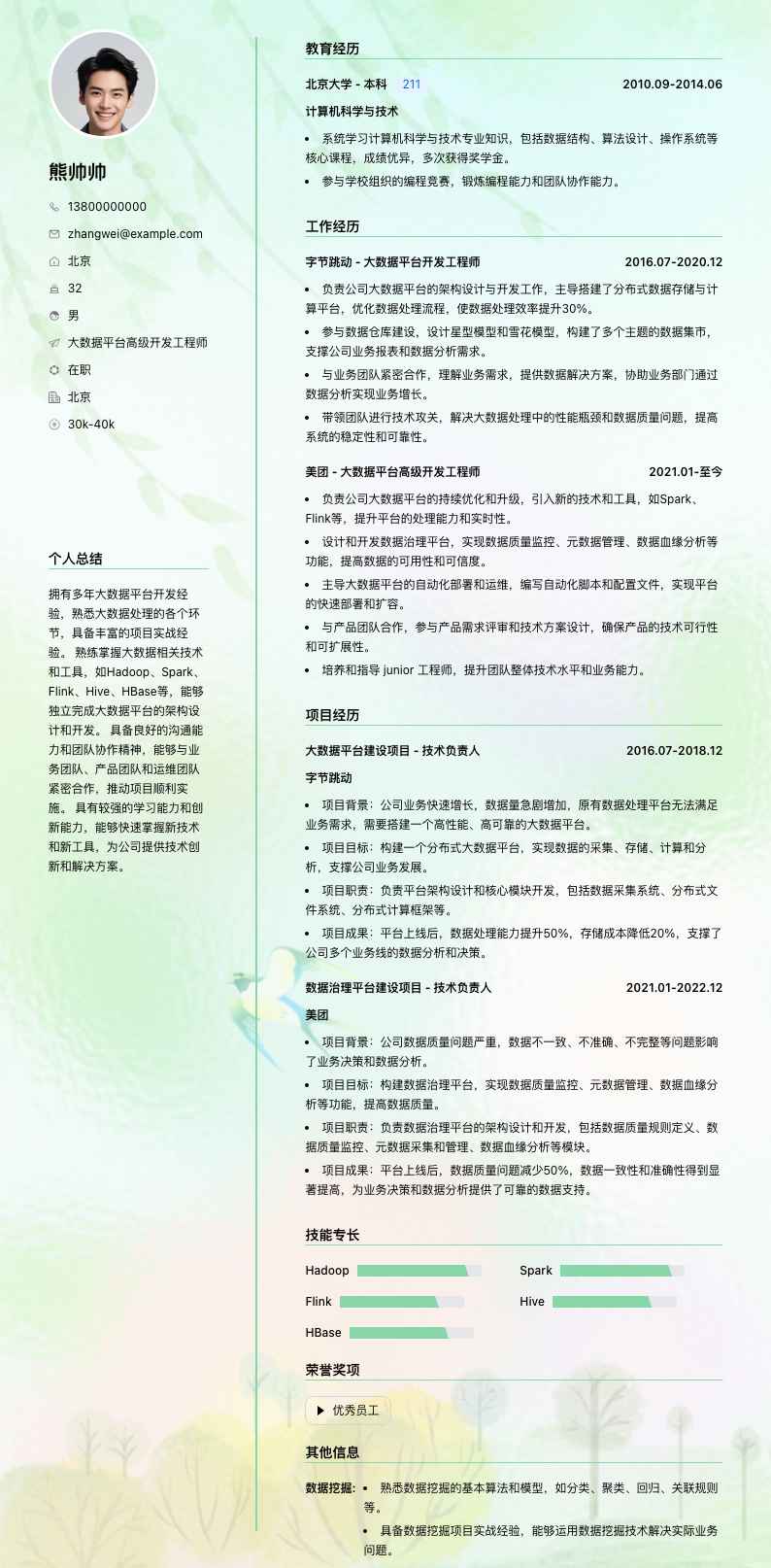 大数据平台高级开发工程师简历模板