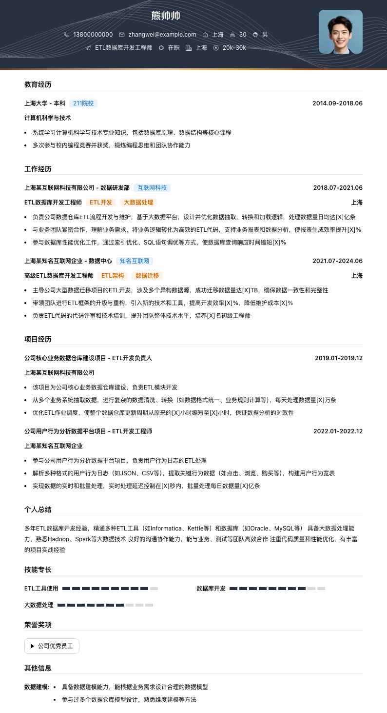 etl数据库开发工程师简历模板