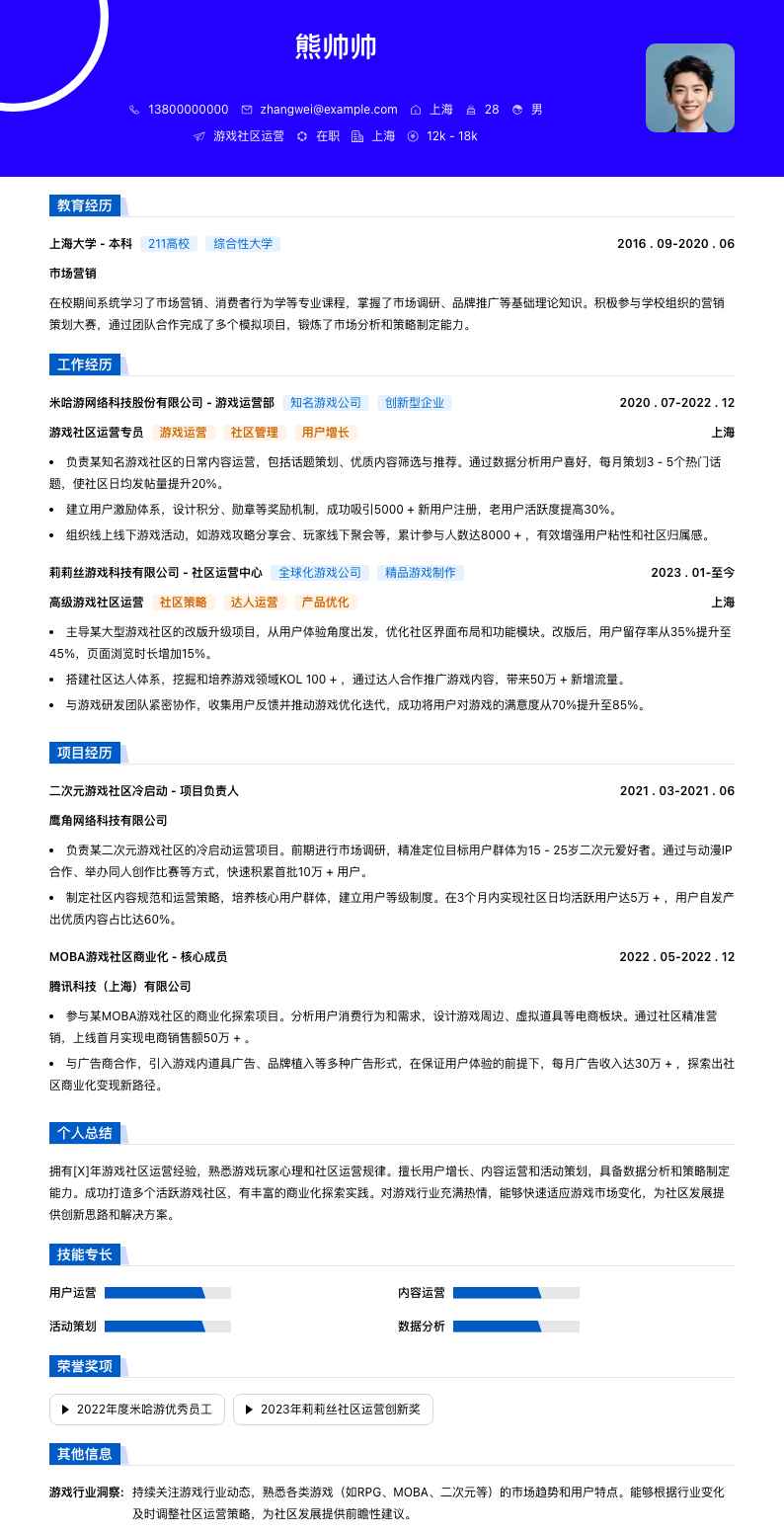 游戏社区运营简历模板